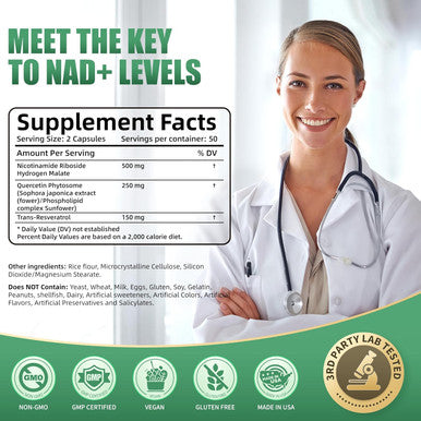 Nad Supplement, Nad Nicotinamide Riboside 900 Mg For Men And Women, Liposomal Nad+ Supplement With Nicotinamide Riboside, Resveratrol & Quercetin, Energy, Boost Nad+, 100 Capsules