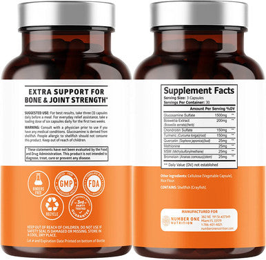 N1N Glucosamine with Chondroitin Turmeric MSM Boswellia Max Strength 2100mg Natural Joint Support Supplement for Relief Mobility Flexibility and Inflammation 90 Caps