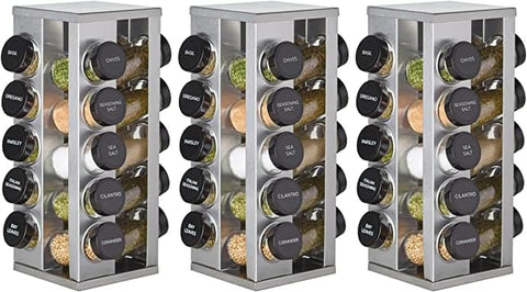 Kamenstein 20 Jar Revolving Countertop Spice Rack with Spices Included, FREE Spice Refills for 5 Years, Polished Stainless Steel with Black Caps, 30020