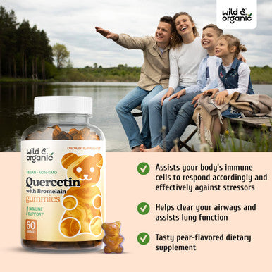 Wild & Organic Quercetin with Bromelain Gummies - Bromelain Quercetin Supplement for Immunity & Respiratory Function - Quercetin and Bromelain Gummy - 60 Pear-Flavored Chews