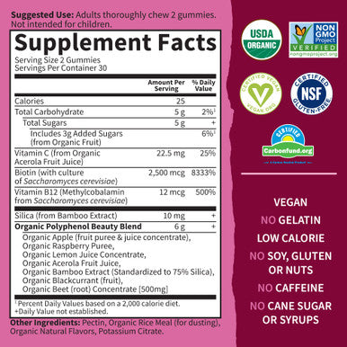 Garden of Life Organic Beet Root Gummies Made Of Pectin With Antioxidants Vitamin C Biotin & B12 For Hair Skin & Nails Beets Beauty Gummies Vegan Gluten Free Non Gmo Raspberry 30 Servings