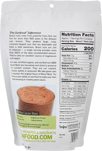 Sunfood Superfoods Sunfood Superfood Brazil Nuts - Raw Organic - Non Gmo - Rich In Protein Fiber Healthy Fats - Low Temperature Dried To Preserve Nutrients - No Preservatives Pr Additives 8 Oz Bag
