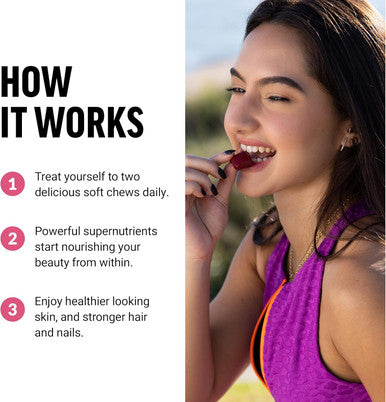Force Factor Collagen Boosting Superfoods with Biotin Hyaluronic Acid Bamboo and Hair Skin and Nails Vitamins Nail Strengthener and Skin Supplement Tropical Fruit Flavor 60 Soft Chews