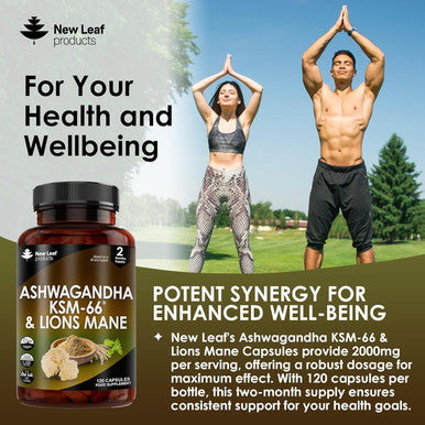 Ashwagandha Ksm-66 And Lions Mane Capsules - High Strength 2000Mg Ksm-66 Ashwaghandha Root Extract And Lions Mane Mushroom Extract - 120 Vegan Capsules With Black Pepper - Uk Made By Leaf