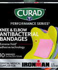 Curad Performance Series IRONMAN Antibacterial Bandages Extreme Hold Adhesive Technology Knee & Elbow 3 inches x 3 inches 10 Count Ideal for Cuts Scrapes Sports and Active Lifestyles