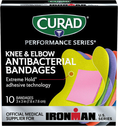 Curad Performance Series IRONMAN Antibacterial Bandages Extreme Hold Adhesive Technology Knee & Elbow 3 inches x 3 inches 10 Count Ideal for Cuts Scrapes Sports and Active Lifestyles