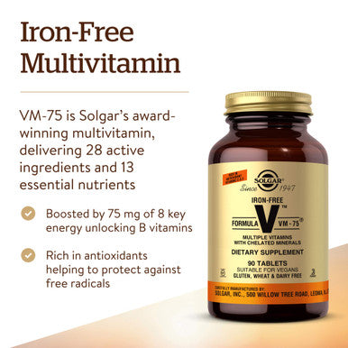Solgar Iron-Free Formula Vm-75 90 Tablets - Multivitamin With Chelated Minerals - Vitamin A B6 B12 C D E - Biotin Magnesium Calcium Zinc - Vegan Gluten & Dairy Free Kosher - 90 Servings