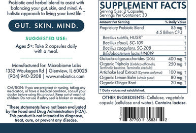 Mebiotics Probiotic & Herbal Supplement Balanced 2 - Bacillus Subtilis & Lemon Balm for Skin + Gut Health - Oral Probiotics to Support Gut, Mind & Skin - for Balanced Skin Types (60 Count)