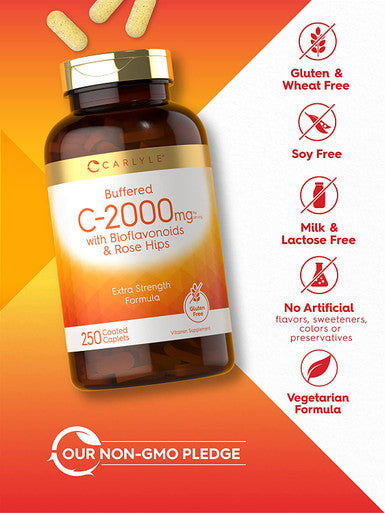 Carlyle Buffered Vitamin C | 2000mg | 250 Caplets | with Bioflavonoids and Rose Hips | Vegetarian, Non-GMO, and Gluten Free Supplement