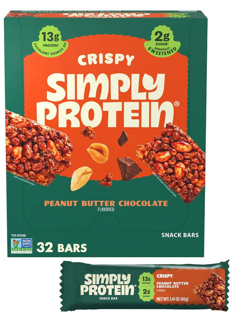 Simply Protein - Crispy Bars Variety Pack, Peanut Butter + Dark Chocolate Almond - Plant Based Protein Bars - 13g Protein, 2g Sugar, 7g Fiber - Vegan, Gluten Free, Non GMO - 16 Bars, 2 Boxes