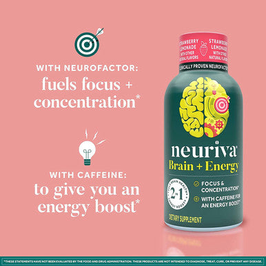 NEURIVA Brain Energy Supplement with Clinically Tested Neurofactor For Focus Concentration Vitamin B12 150mg of Caffeine For An Immediate Energy Boost 36ct Strawberry Lemonade Shots
