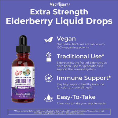 MaryRuth Organics Herbal Supplement Drop | for Immune Support | Pack of 1 | Elderberry | Syrup | Extra Strength | Black Liquid | USDA | Vegan | Non-GMO | Gluten Free | 60 Servings