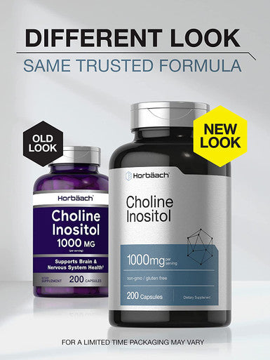 Choline Inositol 1000 mg | 200 Capsules | Non-GMO, Gluten Free Supplement | by Horbaach