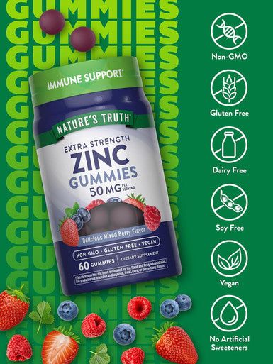 Nature'S Truth Zinc Gummies For Adults 50 Mg 60 Count Vegan, Non-Gmo & Gluten Extra Strength Supplement Mixed Berry Flavor