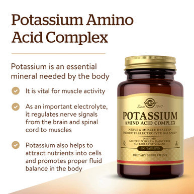 Solgar Potassium Amino Acid Complex 100 Tablets - Nerve & Muscle Health - Promotes Electrolyte Balance - Non-Gmo Vegan Gluten Free Dairy Free Kosher - 100 Servings