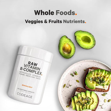 Codeage Raw Vitamin B-Complex Supplement - Essential B Vitamins with Probiotics Digestive Enzymes Fruits & Vegetables - 2-Month Supply - Methylfolate - Biotin - Vitamin B12 - Non-GMO - 60 Capsules