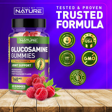Built Nature Glucosamine Gummies With Vitamin E - Advanced Joint Support Gummy Supplement, High Potency Antioxidant & Inflammatory Response, Comfort For Back, Knees, Hands, Non Gmo, 60 Extended Delivery Gummies