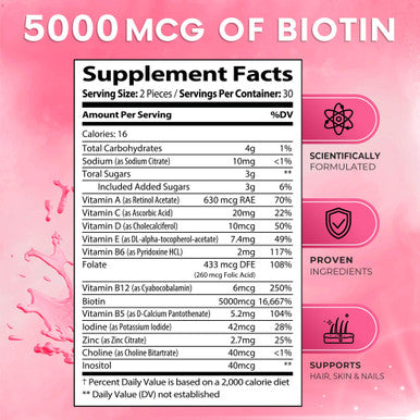 Built Nature Hair Vitamins - Ultra Strength Biotin 5000 Mcg With Vitamins C, E, D & B12 - Supports Hair Growth, Strength & Health - Vegetarian, Non-Gmo, Gluten-Free Gummy Supplement - Biotin For Women, 60 Gummies