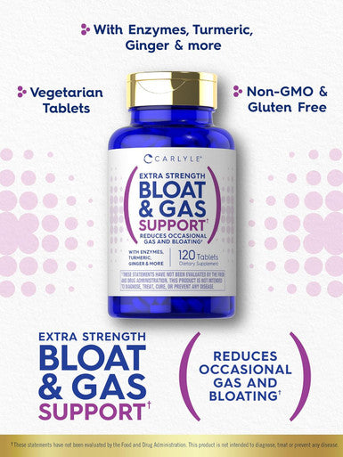 Carlyle Bloat & Gas Support for Men & Women | 120 Tablets | Extra Strength Pills | Supplement with Enzymes Turmeric Ginger & More | Non-GMO & Vegetarian Formula