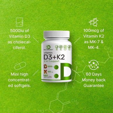 Vitamin D3 K2 Softgel, 180 Counts, 2-1 Complex, Vitamin D3 5000 IU & Vitamin K2 MK7, Promotes Heart, Bone & Teeth Health - Very Easy to Swallow