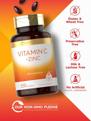 Carlyle Vitamin C With Zinc 250 Softgels Bioavailable Ascorbic Acid Zinc Oxide Non-Gmo And Gluten Supplement