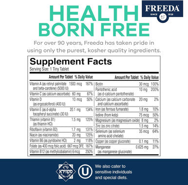 Freedavite Tiny Tablet - Moderate Multivitamin For Men And Women - Pure Vitamin A, C, D, E, B1, B2, B6, B12, Biotin, Calcium, Zinc, Iron, Magnesium, Manganese, Copper, Selenium, Iodine - 250 Count