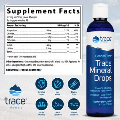 Trace Minerals ConcenTrace Drops 72+ Minerals Ionic Liquid Magnesium, Chloride, Potassium Low Sodium Energy Electrolytes Hydration 288 Day Supply 8 fl oz (Pack of 3)