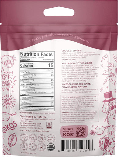 Kos Organic Beet Root Powder, Usda Certified - Superfood Plant Based Beetroot Ingredient For Stamina Increasing, Circulation - Non-Gmo, Soy & Gluten-, 50 Servings Bag