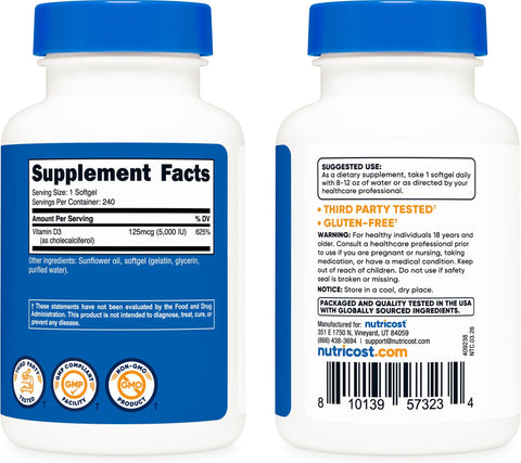 Nutricost Vitamin D3 5000 IU (125mcg) 240 Softgels GMOFree Gluten Free Vitamin D