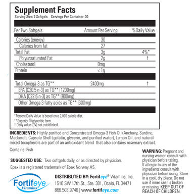 Fortifeye Vitamins Super Omega-3 Max Fish Oil | 2400 Mg Omega 3 | High Potency With Epa And Dha | Lemon Flavor 30 Servings
