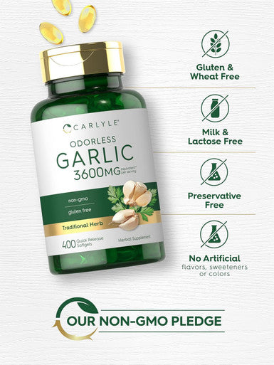 Carlyle Odorless Garlic Softgels 3600 mg | 400 Count | Allium Sativum Bulb | Non GMO Gluten Supplement