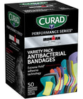 Curad Performance Series Ironman Antibacterial Bandages Extreme Hold Adhesive Technology Finger & Knuckle Bandages Flexible Fabric Variety Pack with Assorted Sizes & Colors 50 Count