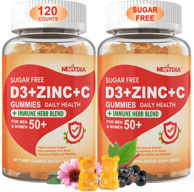 Sugar Vitamin C + D3 + Zinc Gummies For Adults 50 +, 9 In 1 Immune Defense Supplement With D3 5000Iu, Elderberry, Echinacea, Mullein Leaf For Boost Immunity, Power Antioxidant, Vegan (Pack Of 2)