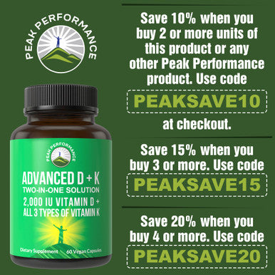 Peak Performance Advanced Vitamin D 2000 Iu With All 3 Types Of Vitamin K Vitamin D3 And Vitamin K2, K1, Mk-7 (Mk7), Mk4 Suppleme