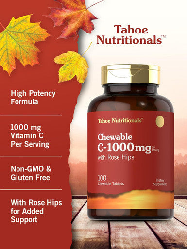 Carlyle Vitamin C Chewables | 1000mg | 100 Tablets Natural Orange Flavor | Vegetarian Non-GMO & Gluten Supplement | Tahoe Nutritionals