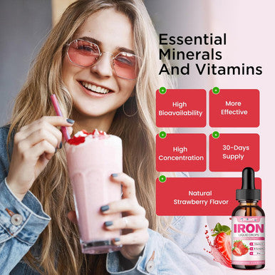 Liquid Iron Supplement For Women Men & Kids Multivitamin Iron Drops With Folate, Vitamin C, B6, B12, Zinc For Anemia, Iron Deficiency, Blood Builder, Energy - Natural Strawberry Flavor, Vegan 4 Fl Oz