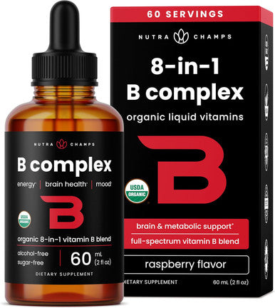 NutraChamps USDA Organic Vitamin B Complex Liquid Drops Sublingual B12 Methycobalamin | B1, B2, B3, B5, B6, B7, B9 | Methylated B Vitamins Complex for Women & Men | Biotin Niacinamide Folate & Folic Acid 2oz