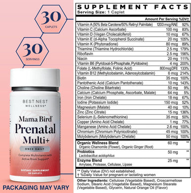 Best Nest Wellness Mama Bird Prenatal Vitamin: Vegan Prenatal Vitamins for Women w/Methylfolate (Folic Acid) w/Organic Herbal Blend Prenatal Vitamins for Women B12 Choline Once Daily 30 Count