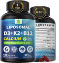 6-In-1 Liposomal Vitamin D3 K2 Calcium Supplement - Plant Based Calcium 600Mg With Vegan Vitamin D 5000 Iu + Vitamin K2 Mk7 + B12, Algae Calcium Magnesium Zinc For Bone, Hear-T, Max Absorption, 1Pack