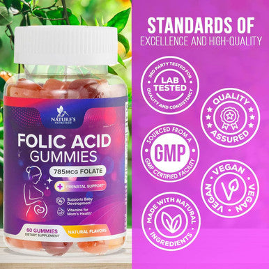 Folic Acid Gummies For Women 785 Mcg, Essential Prenatal Vitamins For Mom & Baby, Vegan Folic Supplement Gummy, Vitamin B9 Chewable Extra Strength Folate, Before During After Pregnancy - 60 Gummies