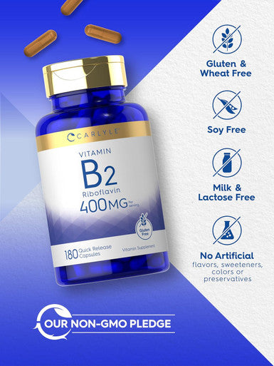 Carlyle Vitamin B-2 400mg | 180 Count | Non-GMO Gluten Supplement | Vitamin B2 Riboflavin