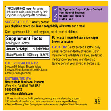 Nature Made Maximum Strength Biotin 5000 Mcg Dietary Supplement May Help Support Healthy Hair Skin & Nails 120 Softgels