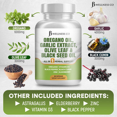 Jb Wellness Oregano Oil 6000Mg Garlic Extract 4000Mg Olive Leaf 3000Mg With Astragalus - Immune Support & Digestive Health Supplement For Women And Men - 60 Count