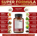 11 in 1 Lions Mane Mushroom Capsules, Equivalent to 5050mg, 3 Month Supply with Cordeyceps, Reishi, Ashwagandha, Panax Ginseng, Focus, Memory and Brain Support Supplement, Immune Support, Energy Pills