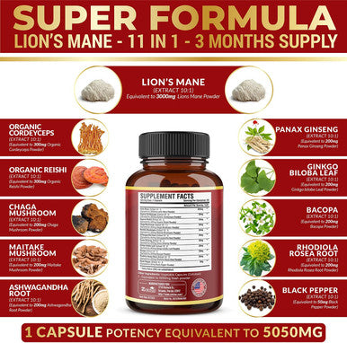 11 in 1 Lions Mane Mushroom Capsules, Equivalent to 5050mg, 3 Month Supply with Cordeyceps, Reishi, Ashwagandha, Panax Ginseng, Focus, Memory and Brain Support Supplement, Immune Support, Energy Pills