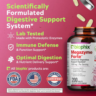 Biophix Megazyme Forte 200 Tablets - Natural Plant Proteolytic Enzymes Nattozimes Serrazimes Supports Digestive System Immune Health