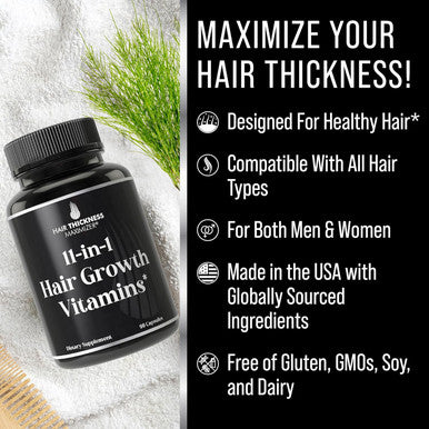 Hair Thickness Maximizer 11-In-1 Vegan Hair Growth Vitamins With Biotin 5000Mcg Pumpkin Seed Saw Palmetto & Bamboo Extract Hair Strengthening Supplement - Hair Vitamins For Thicker Hair Growth
