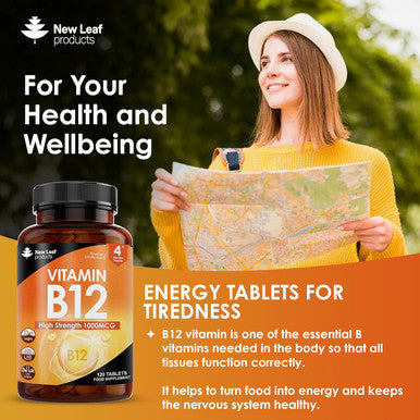 New Leaf Vitamin B12 High Strength Tablets - 1000Mcg Vegan B12 Vitamin Methylcobalamin Supplement Contributes To The Reduction Of Tiredness And Fatigue & Immune Energy Support Made In The Uk (4 Month Supply)