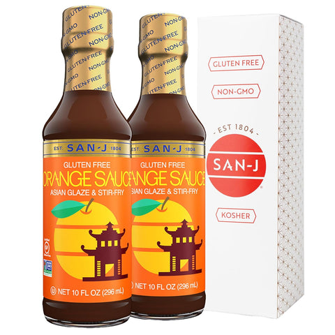 San-J - Spice of Life Variety Pack- Teriyaki, Orange Sauce, Szechuan, Thai Peanut - All Gluten Free Cooking Sauces - Non-GMO - 10 oz. Bottles - 4 Pack