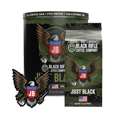 Black Rifle Coffee Company Just Black Bundle Medium Roast 12 Oz Bag Ground Coffee Collectible Tin And Pvc Patch